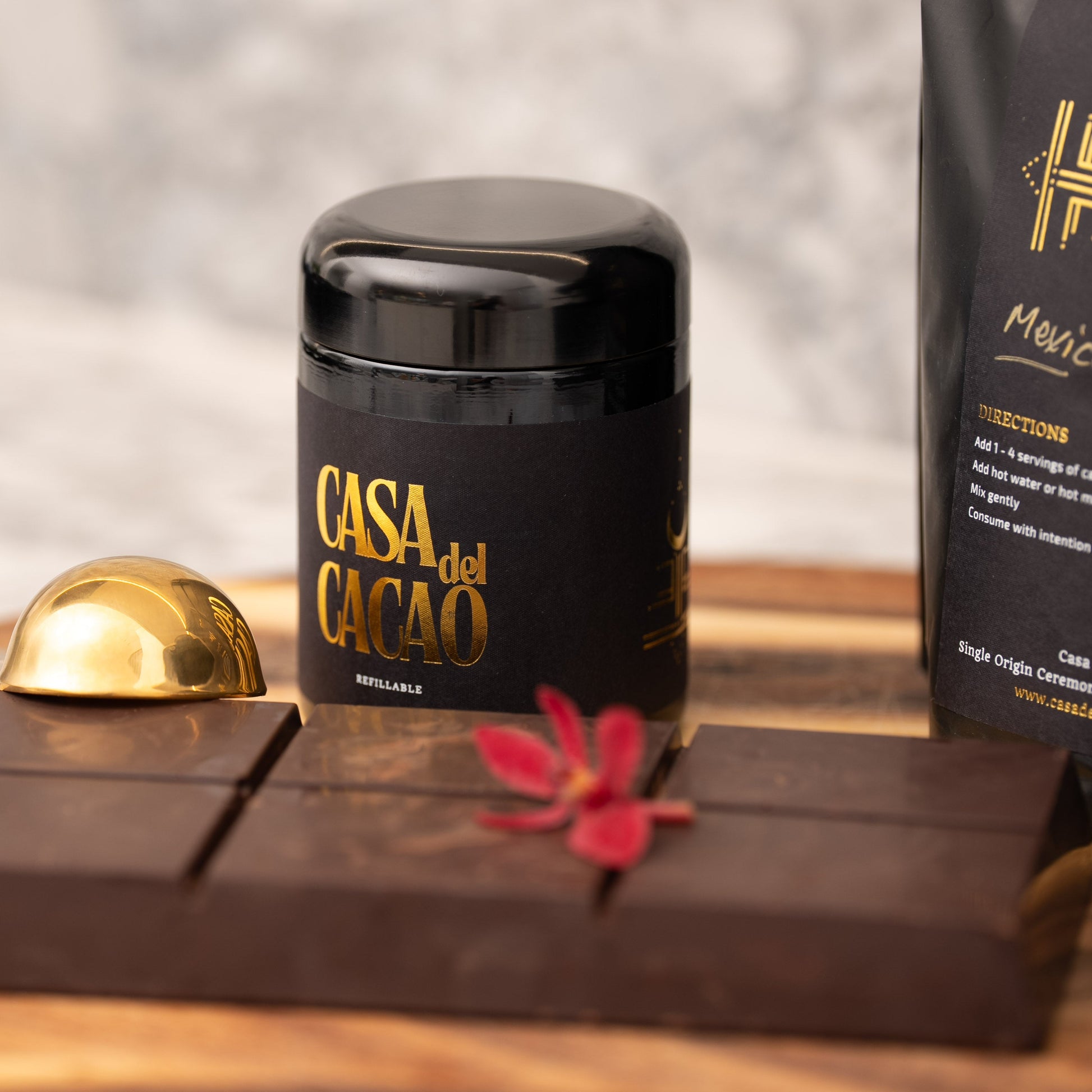 Casa del Cacao product on a wooden surface with a blurred background